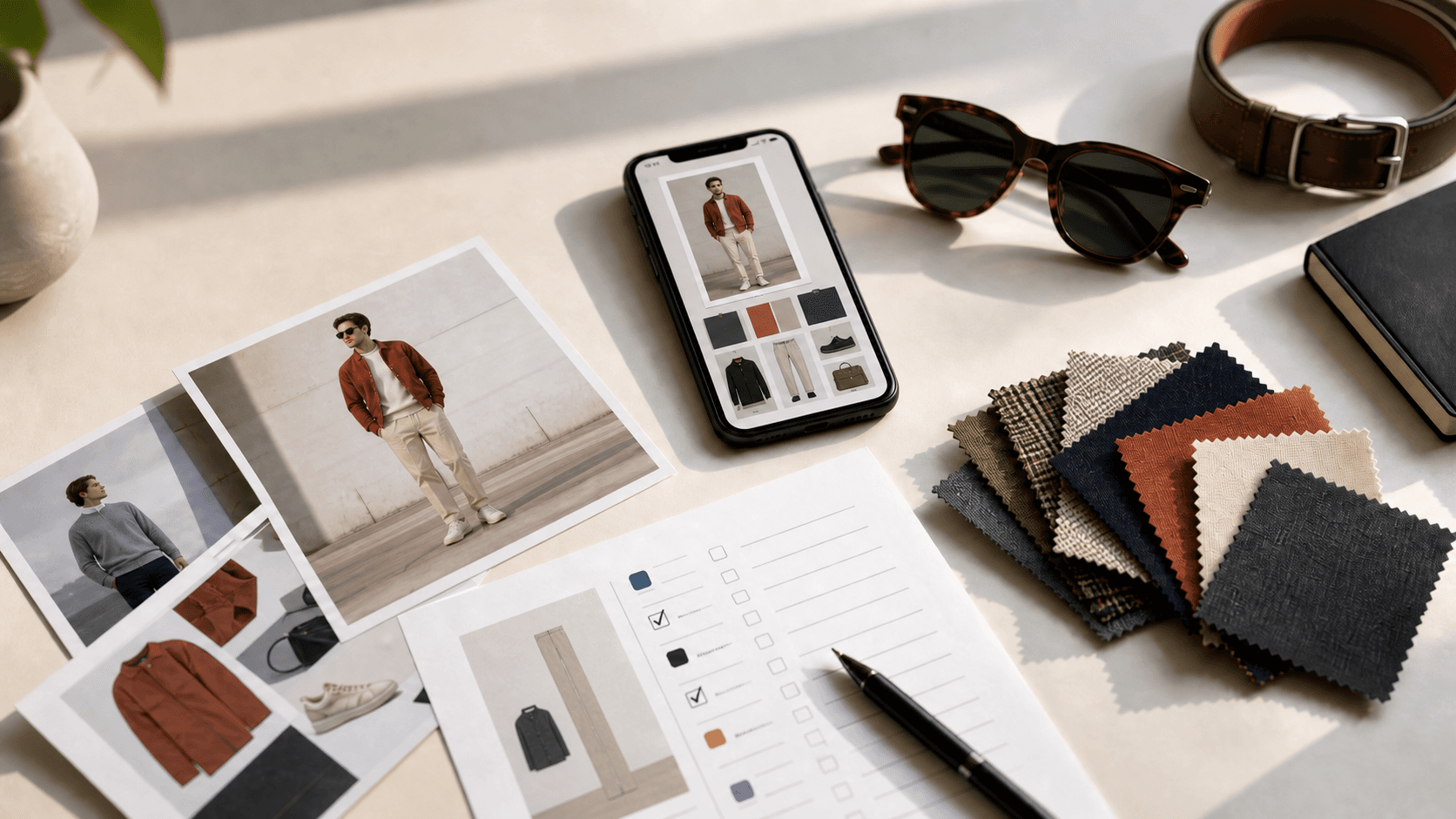 Editorial desk with outfit photos, fabric swatches, sunglasses, a belt, a style quiz sheet, and a phone showing a photo-based outfit report