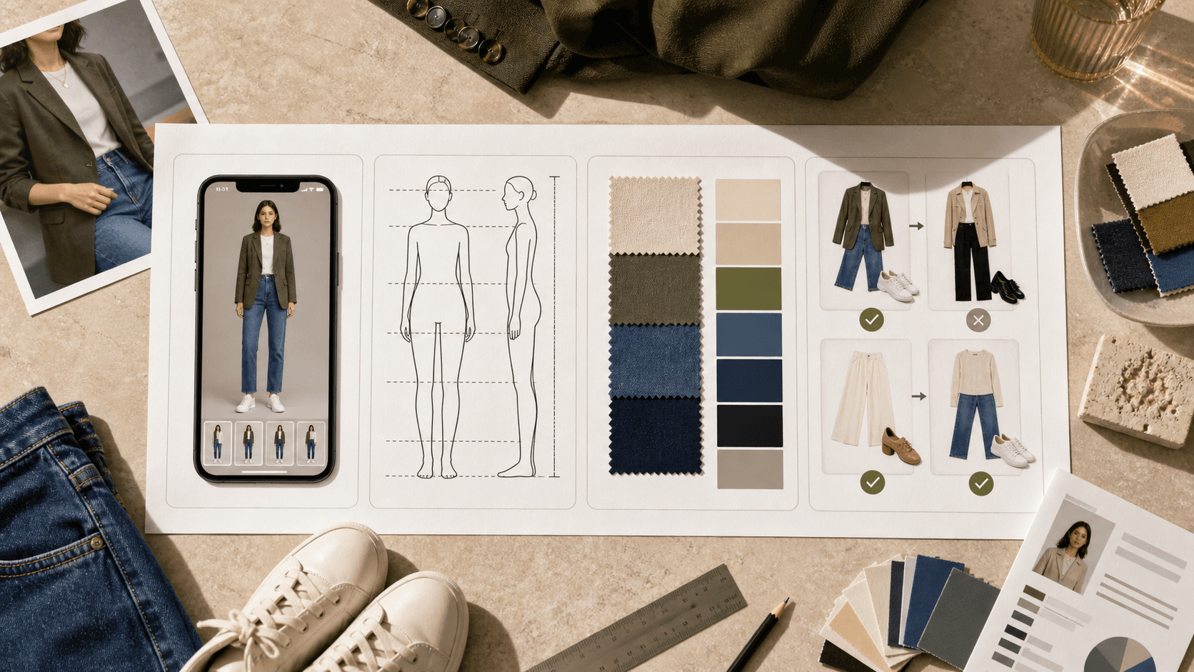 Flat-lay decision matrix comparing virtual try-on, proportion analysis, color harmony, and outfit swap cards