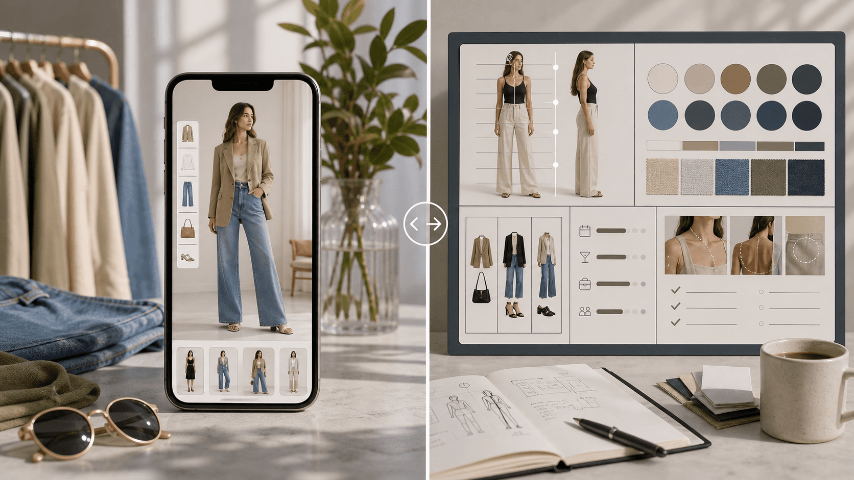 Fashion technology desk comparing a phone-based virtual outfit try-on preview with a structured AI style report dashboard