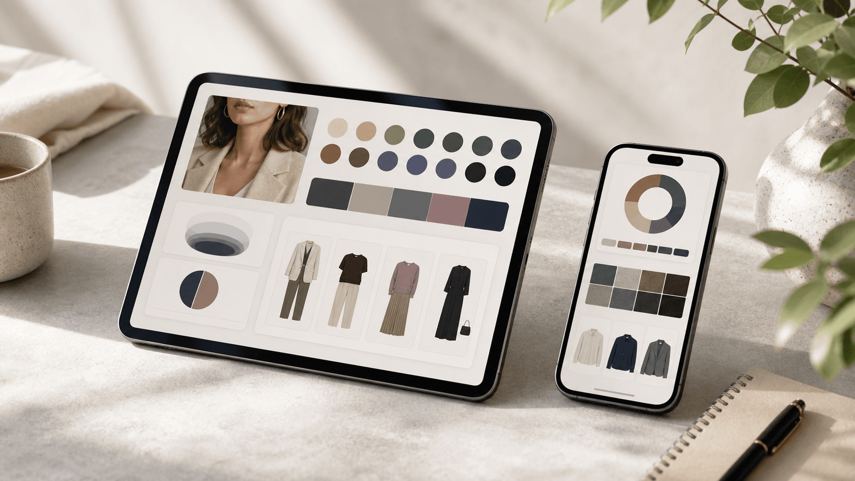 Tablet and phone showing visual AI style report cards, color palettes, and outfit guidance