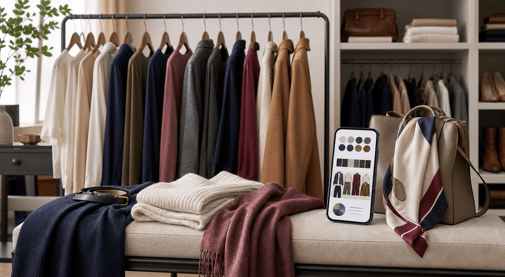 Curated wardrobe rail with neutral and accent clothing, color swatches, and a phone showing an AI style report