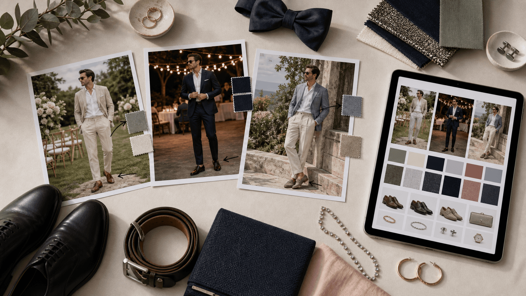 Editorial flat lay showing wedding guest outfit photos, fabric swatches, accessories, arrows, and a tablet-style visual outfit report