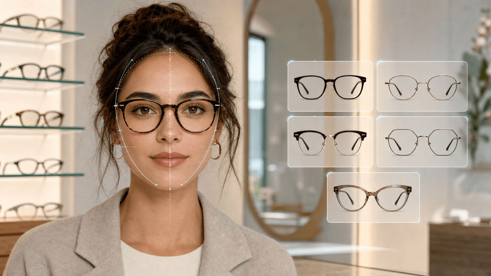 Editorial eyewear studio portrait with subtle AI face-balance guide lines and a curated shortlist of glasses frame options