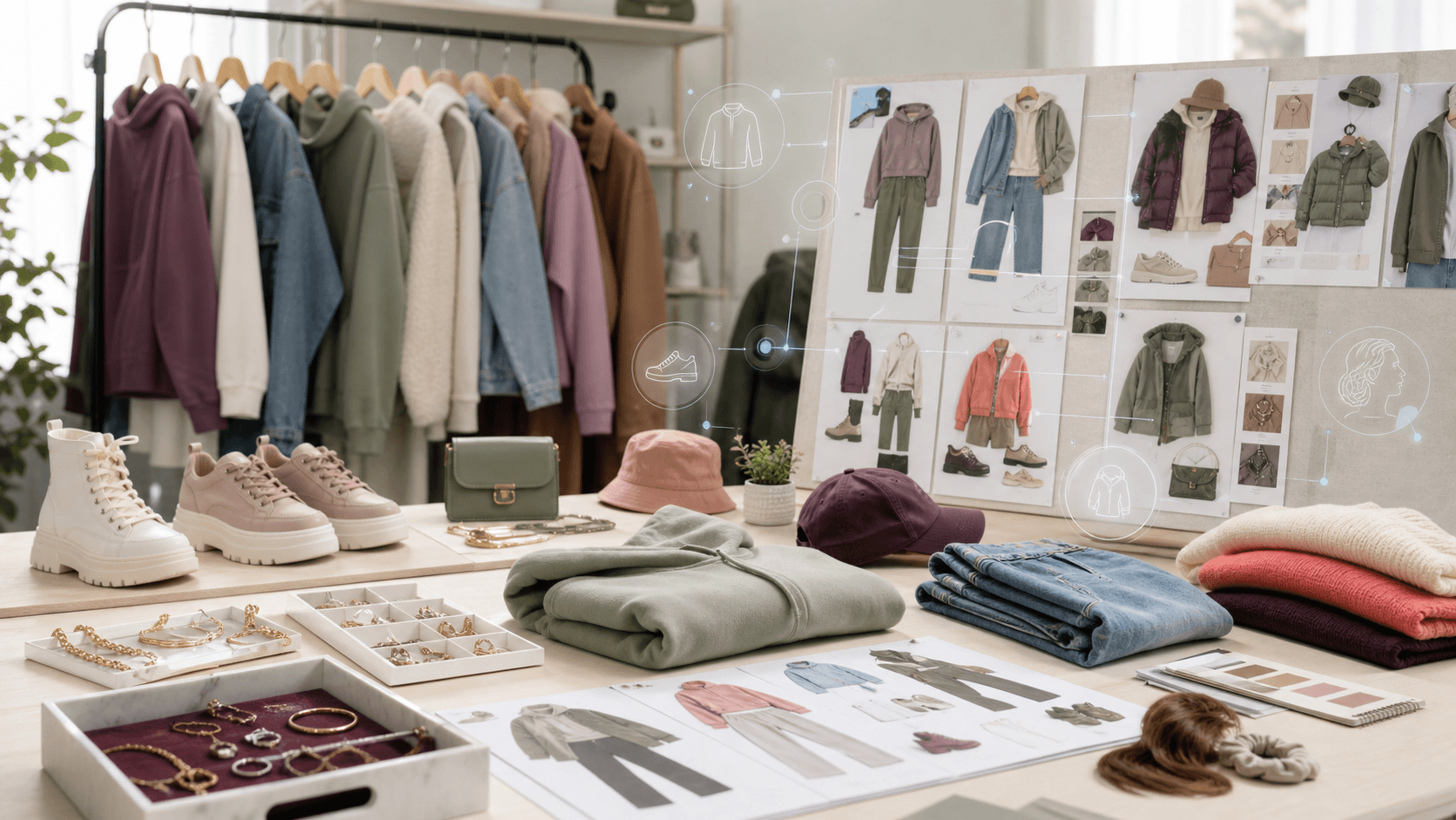 Editorial womenswear studio image with seasonal streetwear clothing, shoes, bags, and accessories