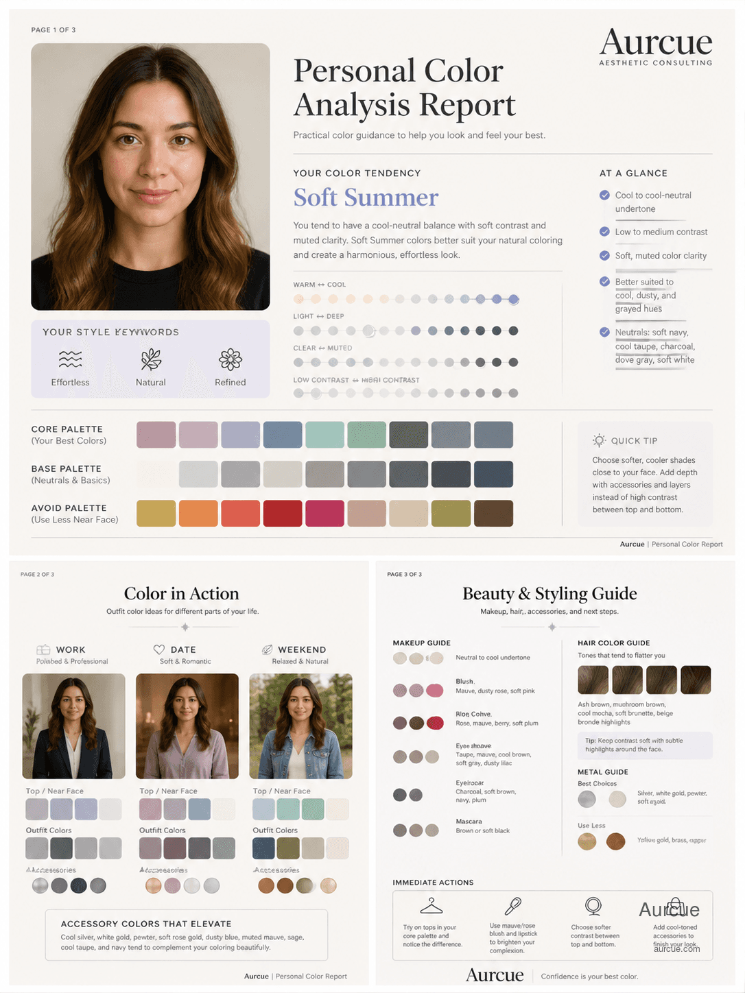 Aurcue personal color sample report with palette swatches and makeup color notes