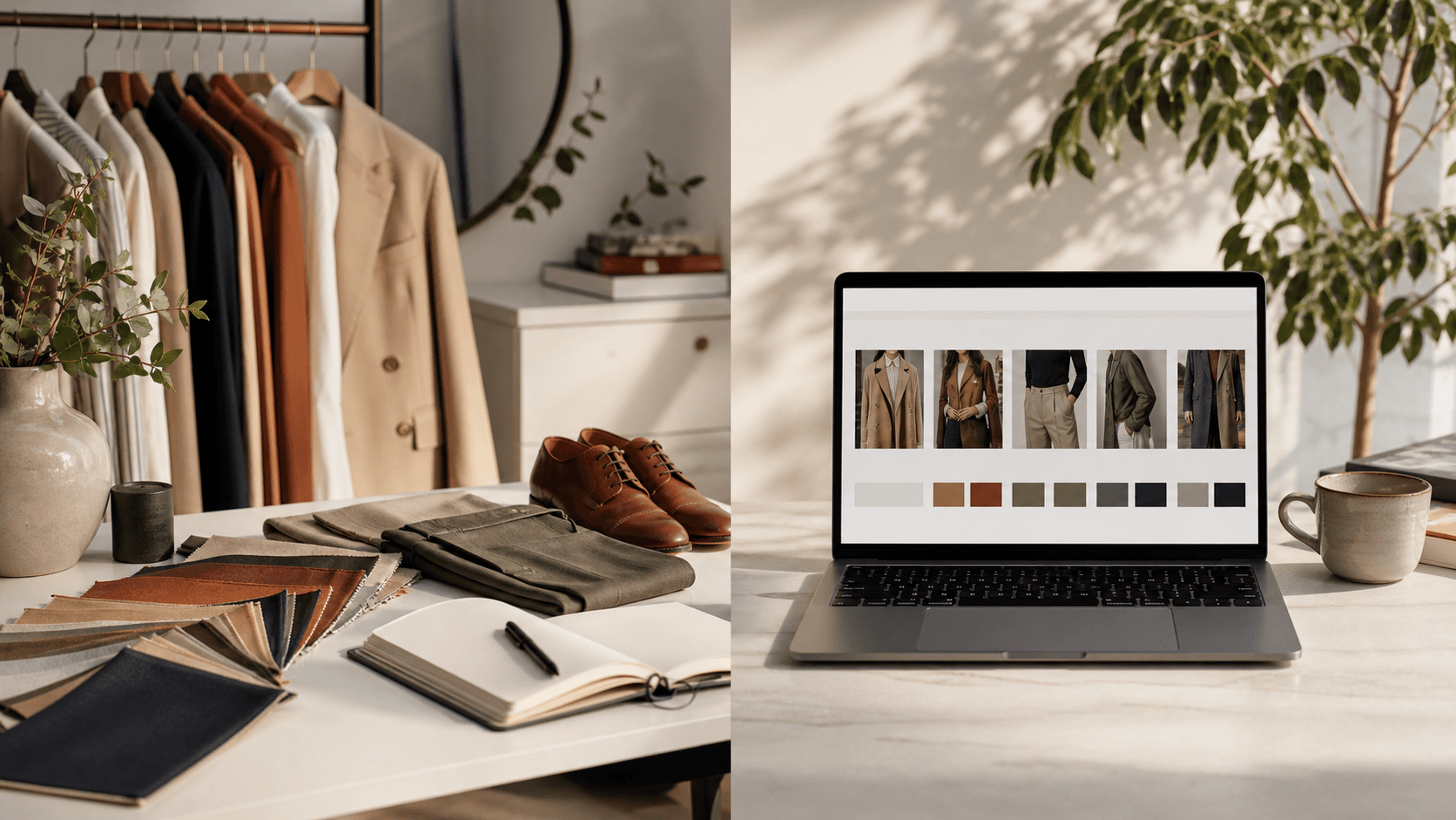 Editorial workspace comparing a human personal stylist workflow with an AI aesthetic consultant on screen