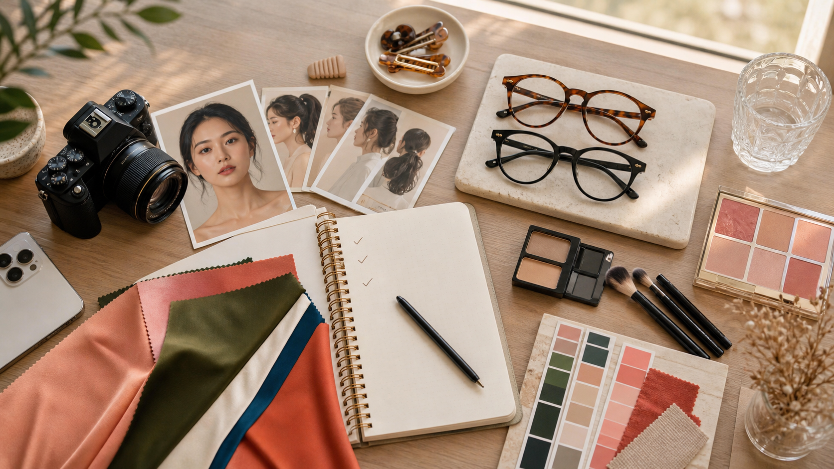 Organized style consultation desk with portrait photos, glasses, makeup palettes, fabric swatches, a camera, and a blank checklist notebook