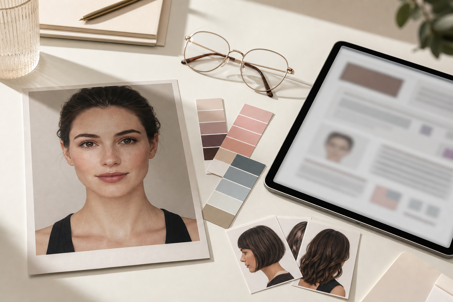 Editorial desk with a printed portrait photo, color swatches, glasses, haircut references, and a tablet showing a blurred visual style report