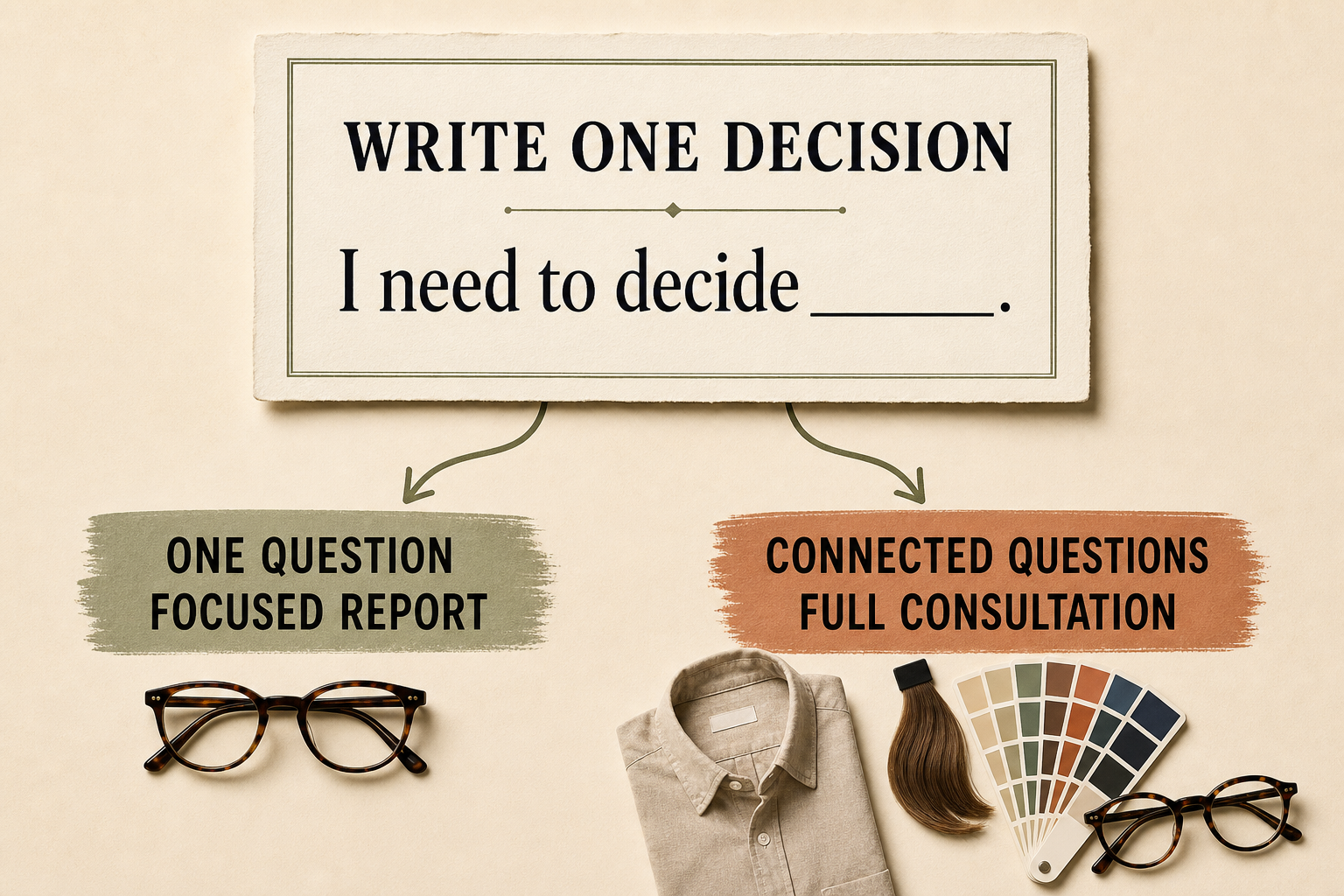 A decision sentence card branching to one-question focused-report and connected-question full-consultation paths