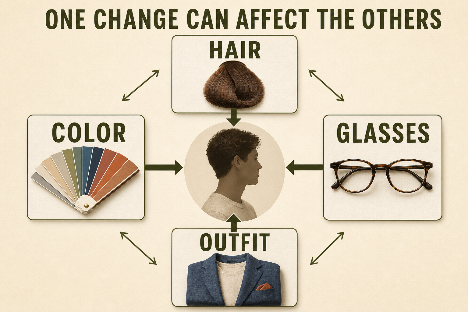Hair, color, glasses, and outfit cards linked around one person to show connected style choices