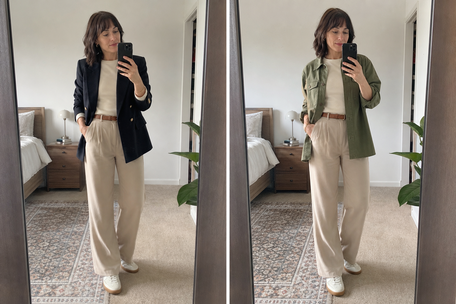 The same person comparing two outer layers while keeping the base outfit unchanged