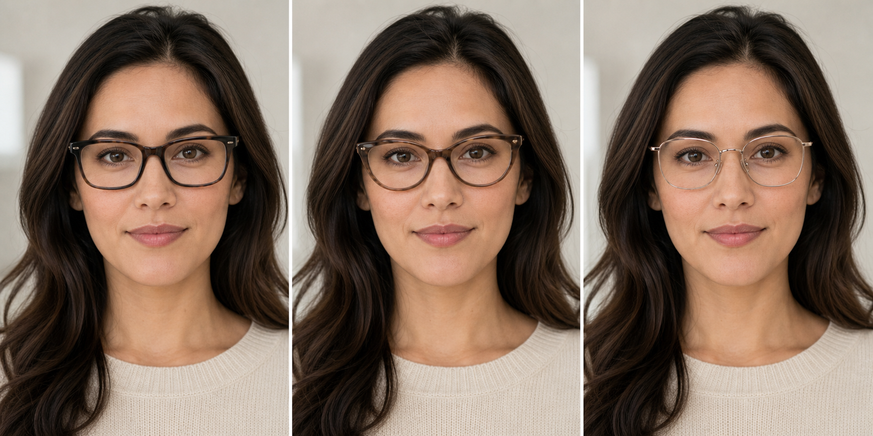 The same oval-faced adult wearing a rectangular frame, a subtle cat-eye frame, and a thin panto frame for comparison