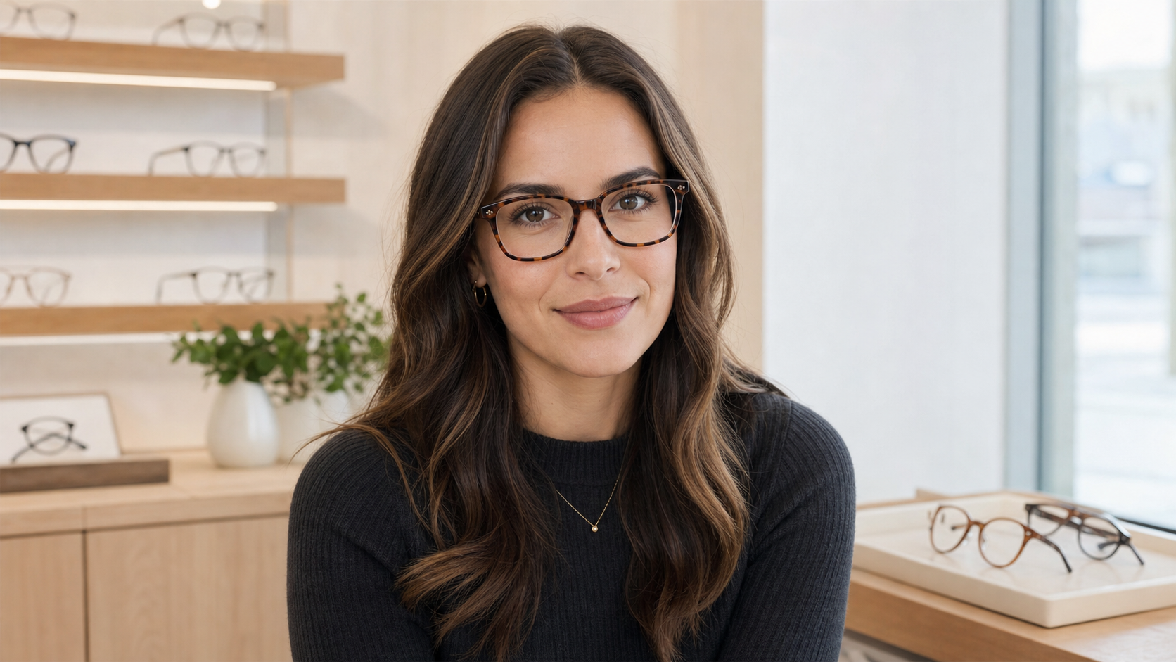 Adult with an oval face wearing balanced tortoiseshell soft-square glasses in a modern optician studio