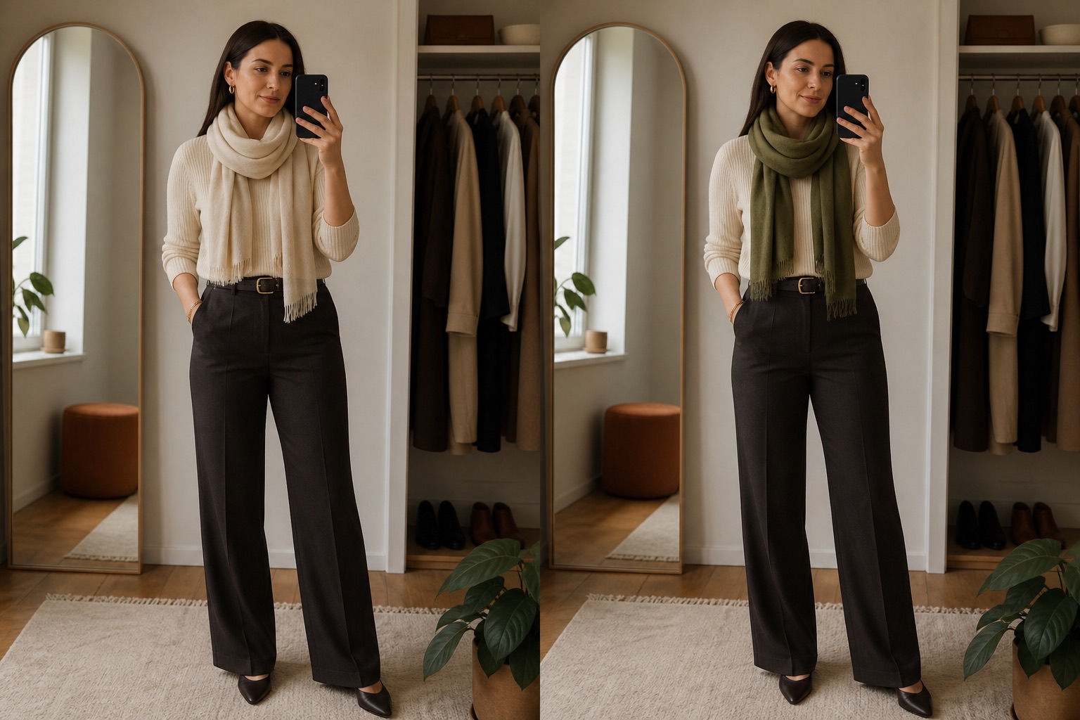 Illustrative side-by-side outfit test changing only an ivory scarf to an olive scarf