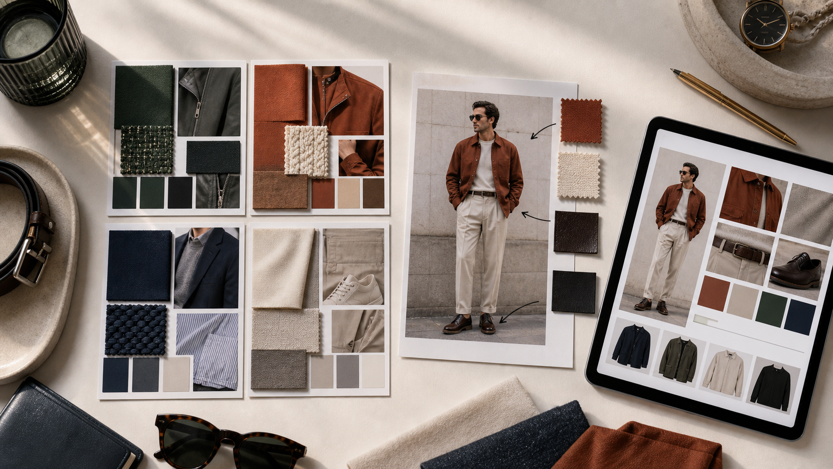 Editorial flat lay comparing abstract fabric mood boards with a printed outfit photo, swatches, arrows, and a tablet-style visual report