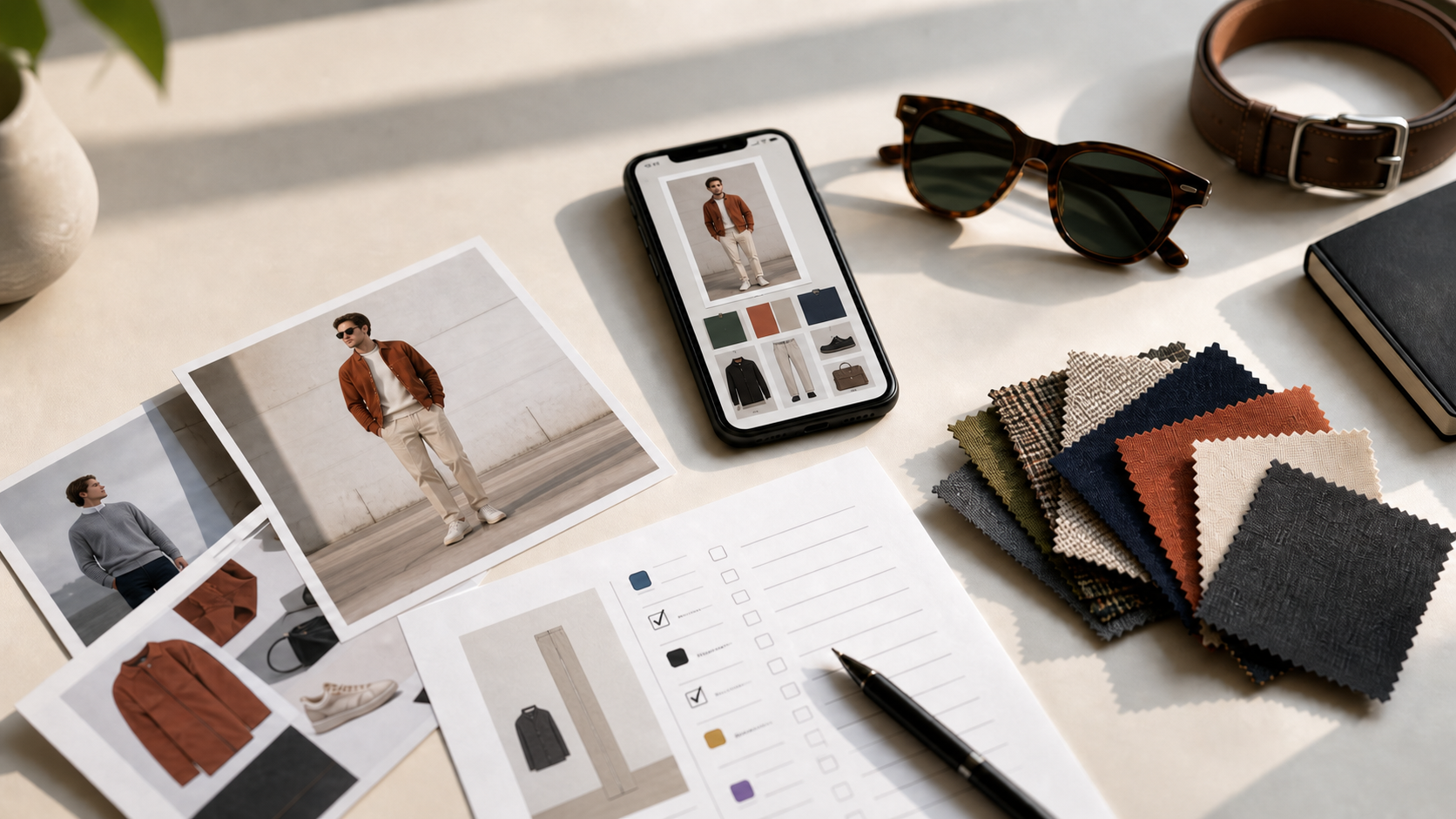Editorial desk with outfit photos, fabric swatches, sunglasses, a belt, a style quiz sheet, and a phone showing a photo-based outfit report