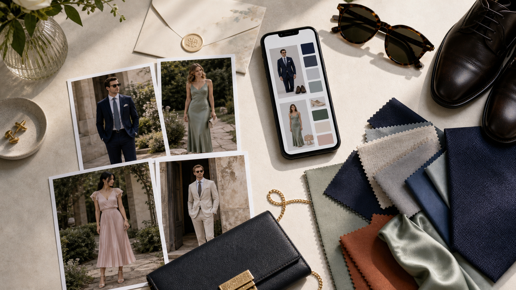 Editorial wedding guest outfit planning desk with printed outfit photos, fabric swatches, dress shoes, accessories, and a phone showing a visual outfit report
