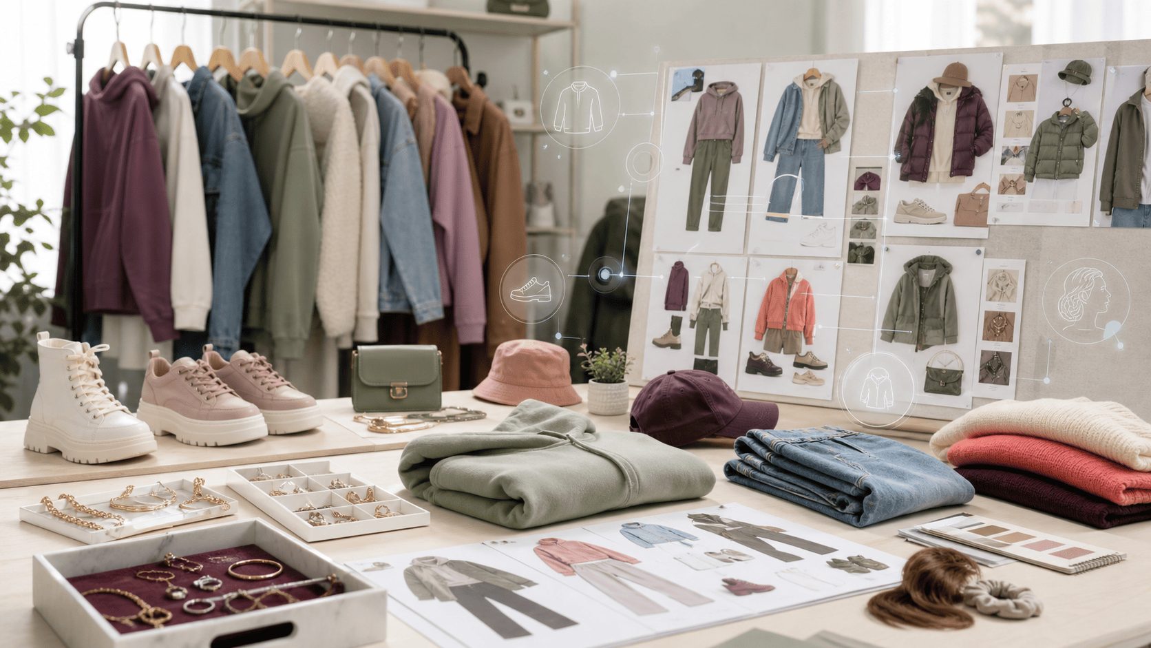 Editorial womenswear studio image with seasonal streetwear clothing, shoes, bags, and accessories